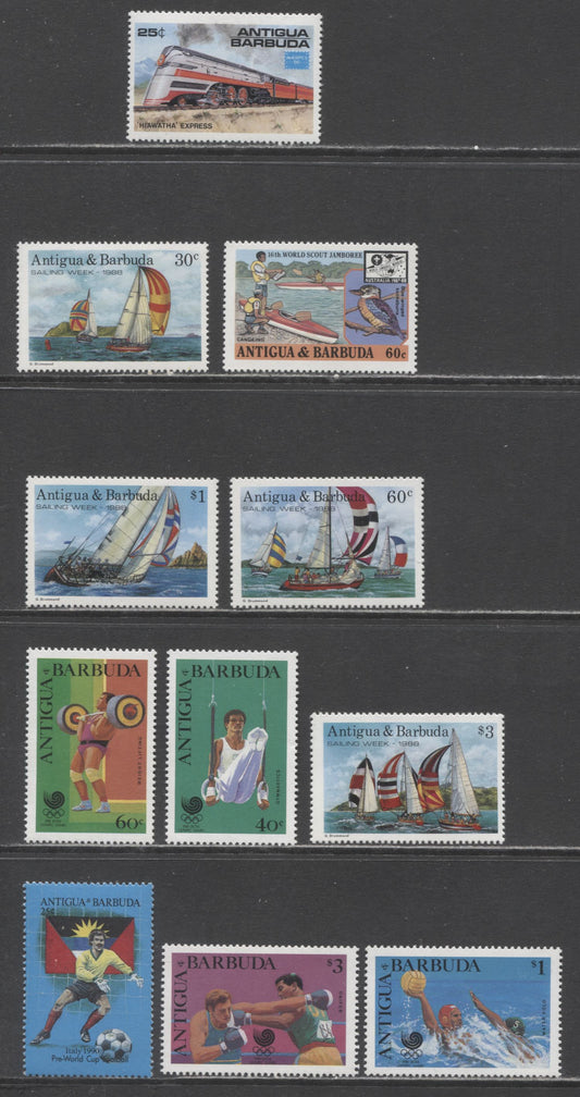 Lot 140 Antigua SC#934/1218 1987-1989 16th World Scout Jamboree Australia, Sailing Week, Summer Olympics & World Cup Soccer Championships Italy Issues, 11 VFNH Singles, Click on Listing to See ALL Pictures, 2017 Scott Cat. $13.5