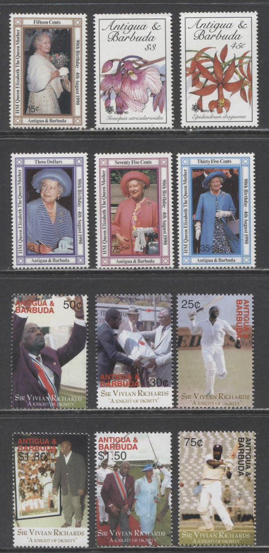 Lot 141 Antigua SC#1286/2550 1990-2002 Orchids/Sir Vivian Richards 50th Birthday Issues, 12 VFNH Singles, Click on Listing to See ALL Pictures, 2017 Scott Cat. $14