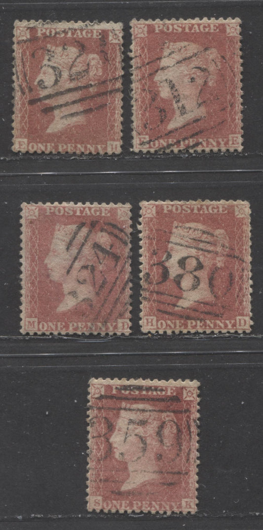 Lot  445 Great Britain - Barred Numeral Cancels For England & Wales: 300-399 SC#20 1d Rose Red 1857-1863 1d Red Stars, Large Crown, White Paper, Perf. 14 Issue, #312, #324, #327, #359, #380, 5 F/VF Used Singles, Estimated Value $50