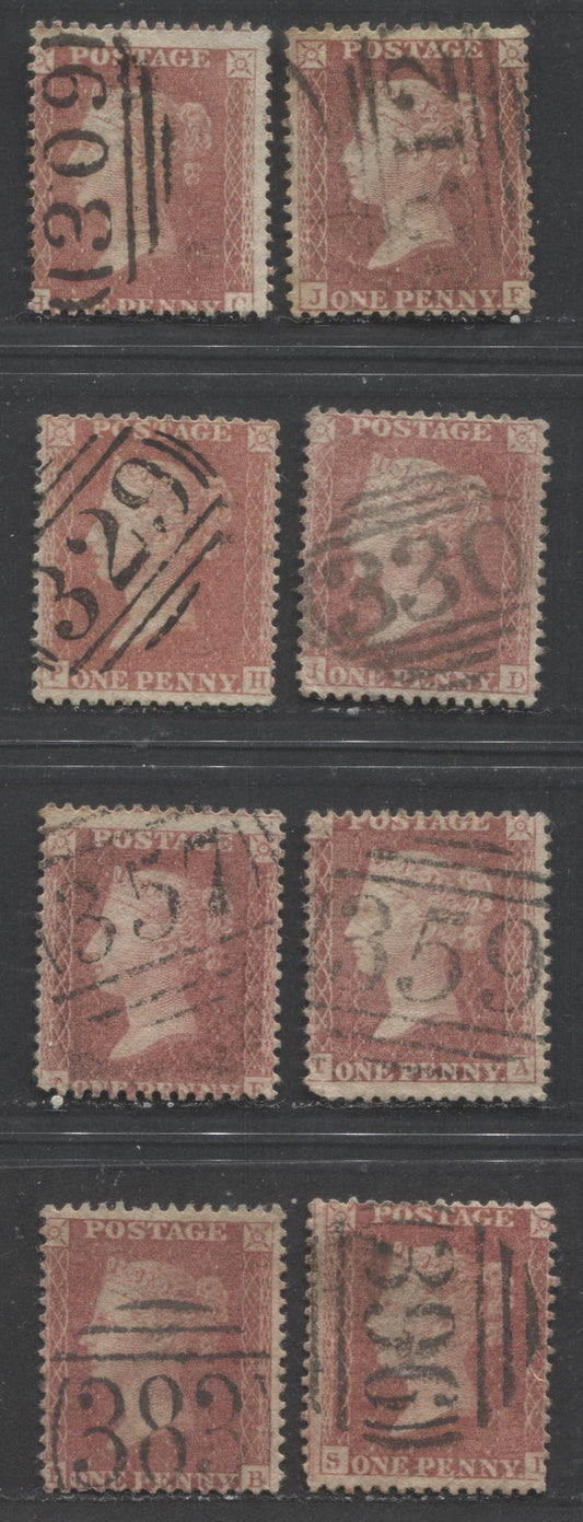 Lot  447 Great Britain - Barred Numeral Cancels For England & Wales: 300-399 SC#20 1d Rose Red 1857-1863 1d Red Stars, Large Crown, White Paper, Perf. 14 Issue, #309/#396, 8 VG & Fine Used Singles, Estimated Value $35
