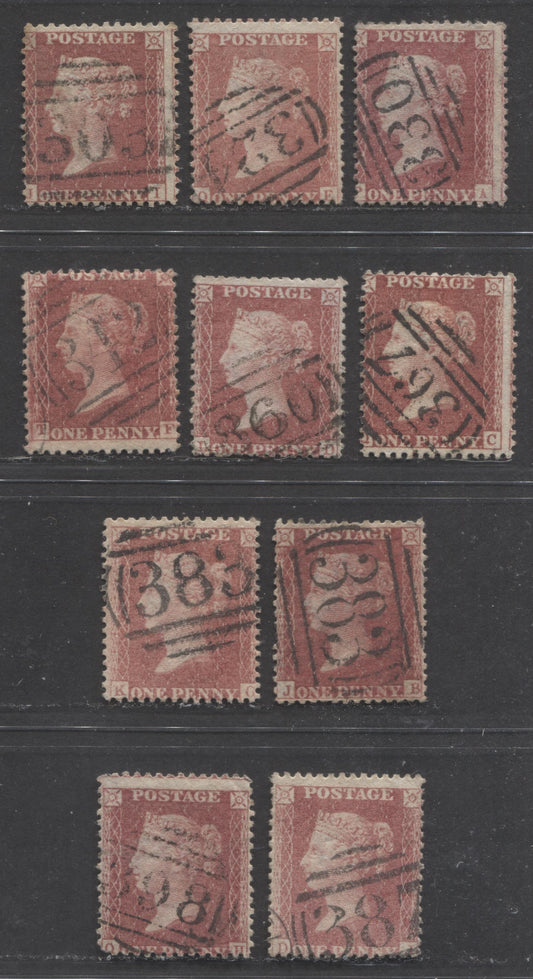 Lot  448 Great Britain - Barred Numeral Cancels For England & Wales: 300-399 SC#20 1d Rose Red & Deep Rose Red 1857-1863 1d Red Stars, Large Crown, White Paper, Perf. 14 Issue, #303/398, 10 VG Used Singles, Estimated Value $30