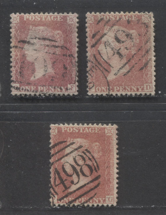 Lot  451 Great Britain - Barred Numeral Cancels For England & Wales: 400-499 SC#20 1d Pale Rose Red 1857-1863 1d Red Stars, Large Crown, White Paper, Perf. 14 Issue, #409, #493 and #498, 3 Fine and VF Used Singles, Estimated Value $60