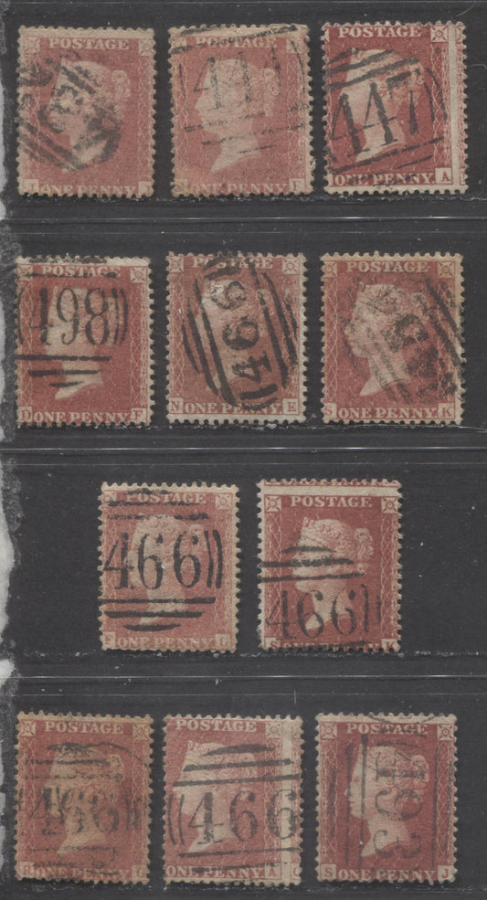 Lot  452 Great Britain - Barred Numeral Cancels For England & Wales: 400-499 SC#20 1d Rose Red, Pale Rose Red & Deep Rose Red 1857-1863 1d Red Stars, Large Crown, White Paper, Perf. 14 Issue, #432/#498, 11 VG Used Singles, Estimated Value $189