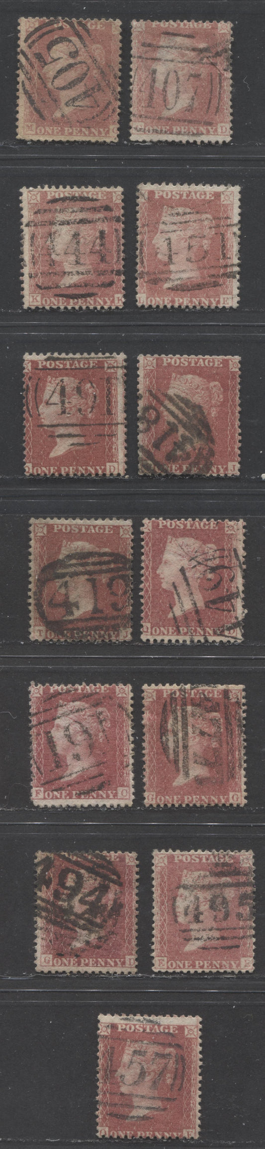Lot  453 Great Britain - Barred Numeral Cancels For England & Wales: 400-499 SC#20 1d Rose Red, Pale Rose Red & Deep Rose Red 1857-1863 1d Red Stars, Large Crown, White Paper, Perf. 14 Issue, #405/495, 13 VG Used Singles, Estimated Value $120
