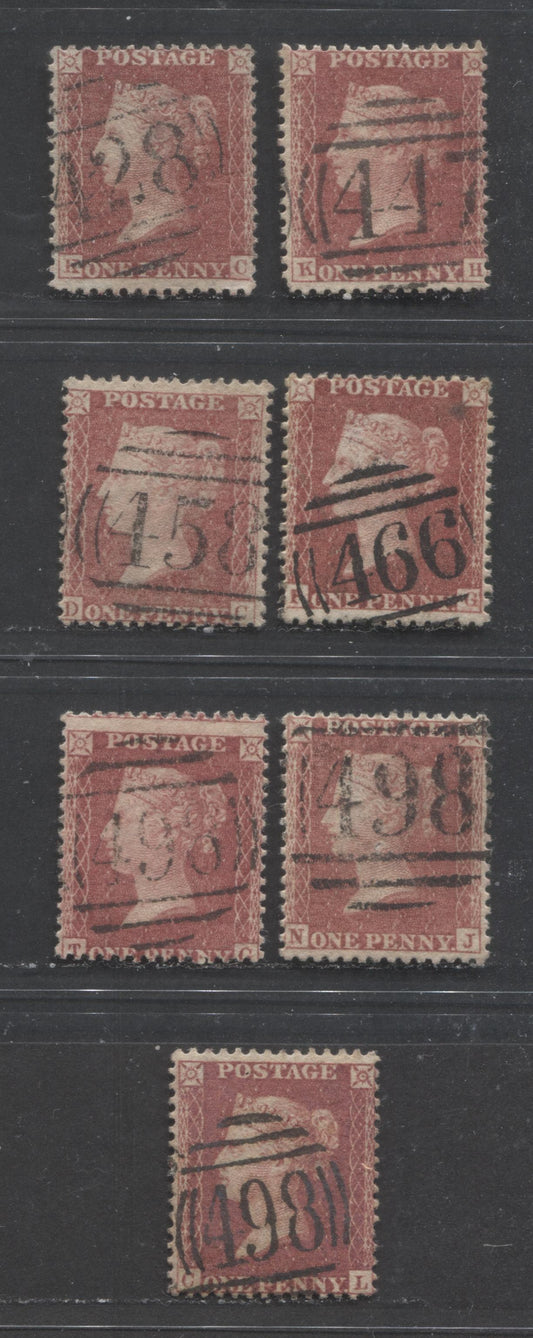 Lot  454 Great Britain - Barred Numeral Cancels For England & Wales: 400-499 SC#20 1d Rose Red & Deep Rose Red 1857-1863 1d Red Stars, Large Crown, White Paper, Perf. 14 Issue, #428/#498, 7 VG & Fine Used Singles, Est. Value $27
