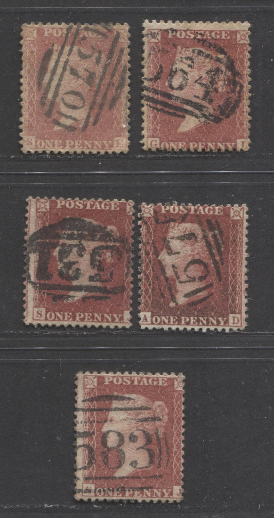 Lot  455 Great Britain - Barred Numeral Cancels For England & Wales: 500-599 SC#20 1d Pale Rose Red & Deep Red 1857-1863 1d Red Stars, Large Crown, White Paper, Perf. 14 Issue, #531/#583, Pre-Fire/Savoy St. Ptgs, 5 VG & Fine Used Singles, Est. Value $280