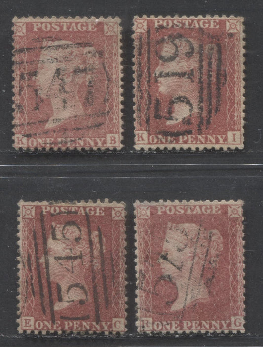 Lot  456 Great Britain - Barred Numeral Cancels For England & Wales: 500-599 SC#20 1d Rose Red & Pale Rose Red 1857-1863 1d Red Stars, Large Crown, White Paper, Perf. 14 Issue, #547, #519, #545, #575, 4 Fine & VF Used Singles, Estimated Value $35