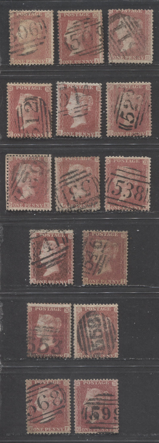 Lot  457 Great Britain - Barred Numeral Cancels For England & Wales: 500-599 SC#20 1d Rose Red & Deep Rose Red 1857-1863 1d Red Stars, Large Crown, White Paper, Perf. 14 Issue, #506/#599, 15 Good, VG  & Fine Used Singles, Estimated Value $20