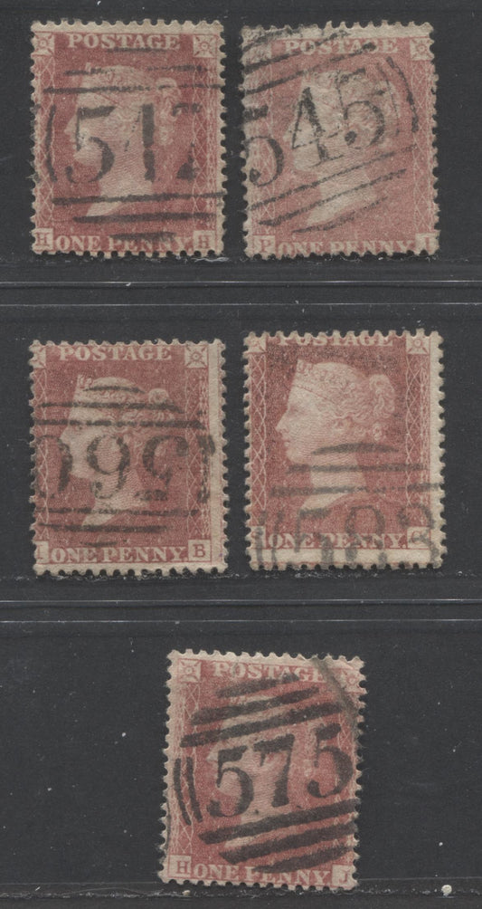 Lot  458 Great Britain - Barred Numeral Cancels For England & Wales: 500-599 SC#20 1d Rose Red & Pale Rose Red 1857-1863 1d Red Stars, Large Crown, White Paper, Perf. 14 Issue, #512, #545, #560, #575, #583, 6 Good & VG Used Singles, Estimated Value $10