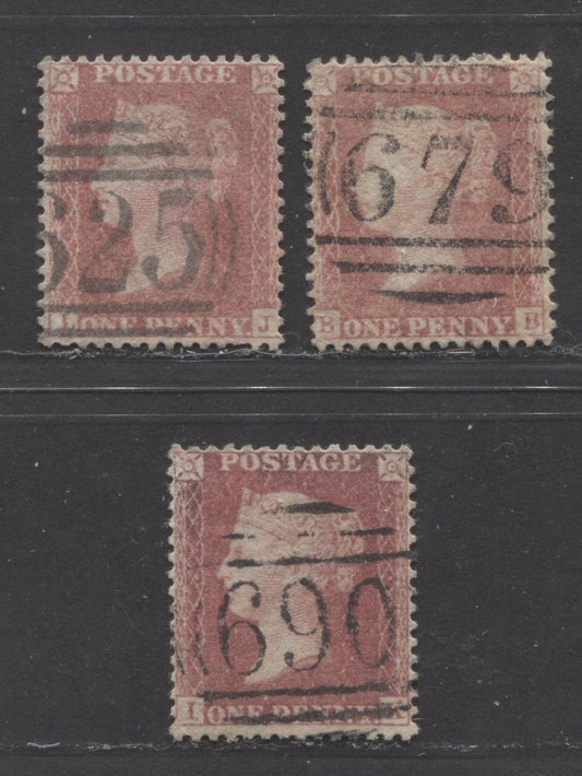 Lot  460 Great Britain - Barred Numeral Cancels For England & Wales: 600-699 SC#20 1d Rose Red & Pale Rose Red 1857-1863 1d Red Stars, Large Crown, White Paper, Perf. 14 Issue, #625, #679 and #690, 3 Fine & VF Used Singles, Estimated Value $65