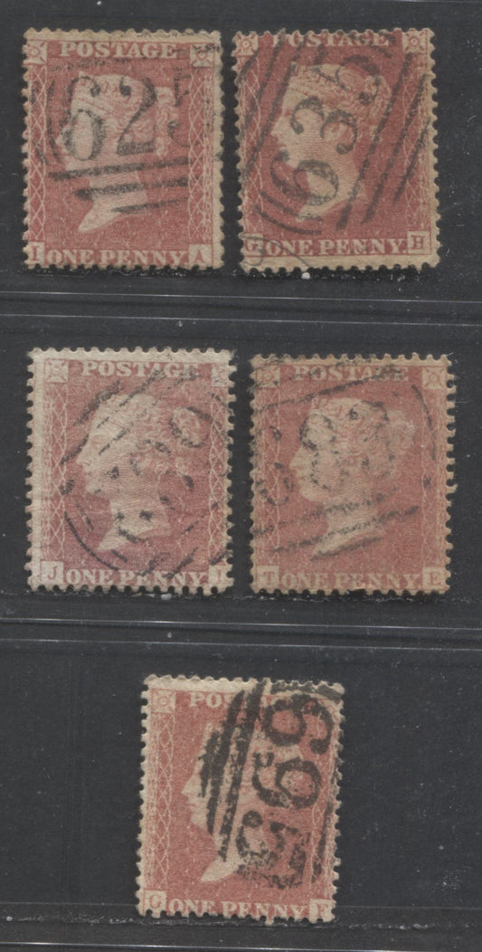 Lot  461 Great Britain - Barred Numeral Cancels For England & Wales: 600-699 SC#20 1d Rose Red, Pale Rose Red  1857-1863 1d Red Stars, Large Crown, White Paper, Perf. 14 Issue, #625, #635, #682, #683 and #695, 5 VG Used Singles, Estimated Value $15