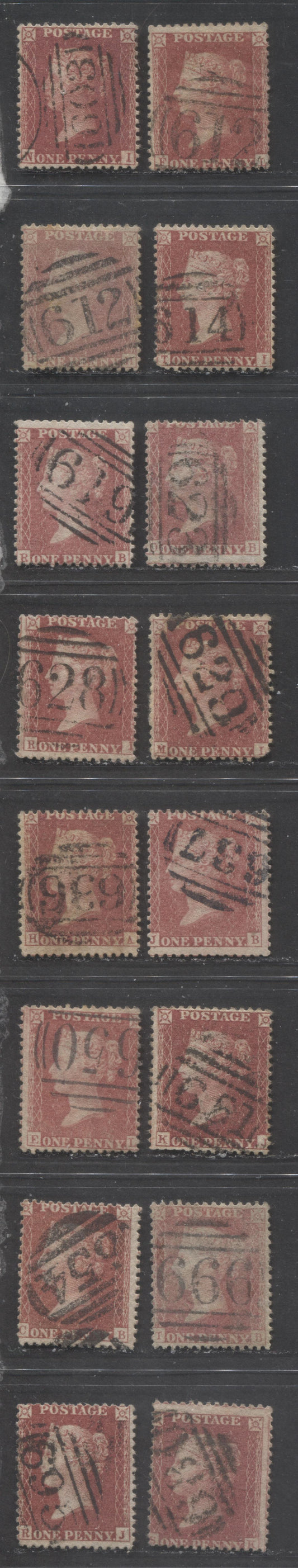Lot  462 Great Britain - Barred Numeral Cancels For England & Wales: 600-699 SC#20 1d Rose Red, Pale Rose Red & Deep Rose Red 1857-1863 1d Red Stars, Large Crown, White Paper, Perf. 14 Issue, #603/#695, 16 Good & VG Used Singles, Estimated Value $25