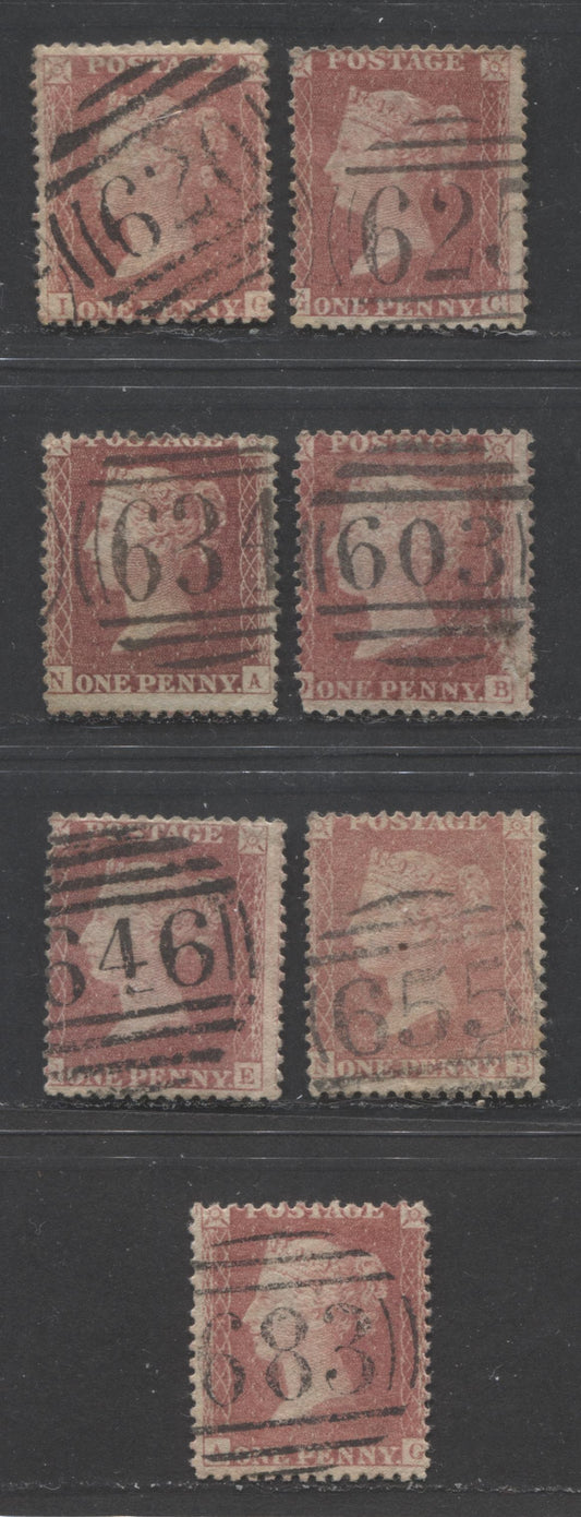 Lot  463 Great Britain - Barred Numeral Cancels For England & Wales: 600-699 SC#20 1d Rose Red & Pale Rose Red 1857-1863 1d Red Stars, Large Crown, White Paper, Perf. 14 Issue, #603/#683, 7 Good & VG Used Singles, Est. Value $8