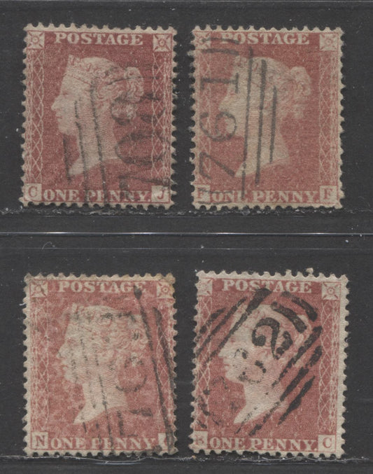 Lot  464 Great Britain - Barred Numeral Cancels For England & Wales: 700-799 SC#20 1d Rose Red & Pale Rose Red 1857-1863 1d Red Stars, Large Crown, White Paper, Perf. 14 Issue, #708, #761, #762 and #763, 4 VG, F and VF Used Singles, Estimated Value $20