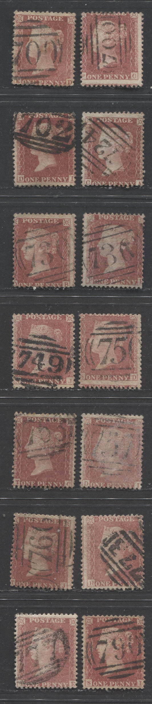 Lot  465 Great Britain - Barred Numeral Cancels For England & Wales: 700-799 SC#20 1d Rose Red & Deep Rose Red 1857-1863 1d Red Stars, Large Crown, White Paper, Perf. 14 Issue, #700/#790, 14 Good & VG Used Singles, Estimated Value $80