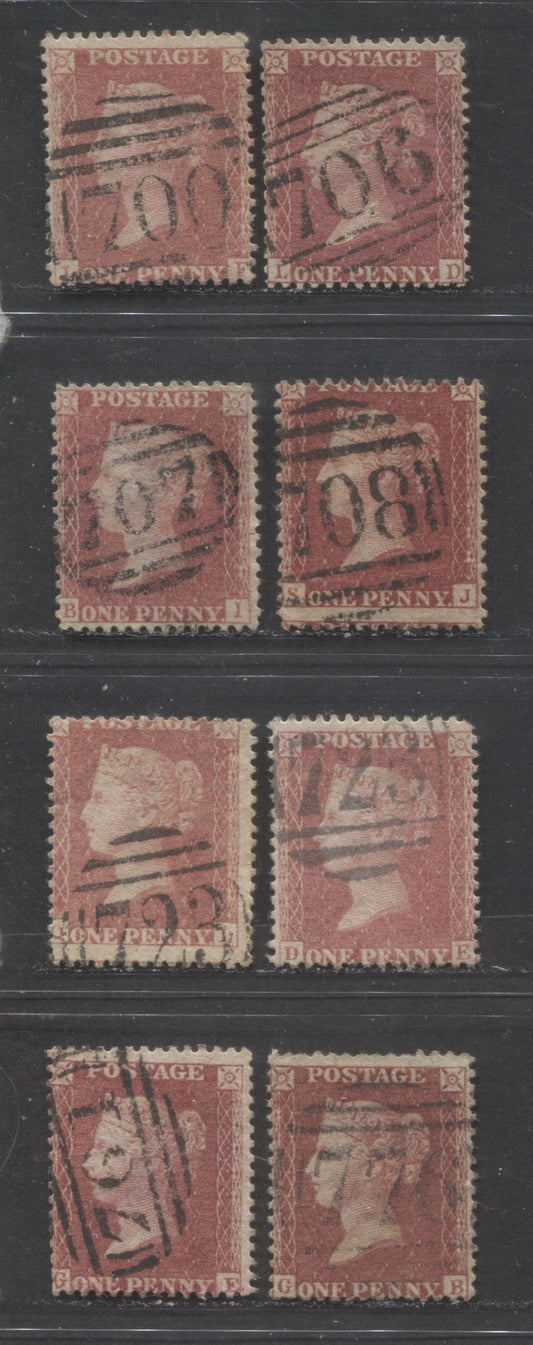 Lot  467 Great Britain - Barred Numeral Cancels For England & Wales: 700-799 SC#20 1d Rose Red & Deep Rose Red 1857-1863 1d Red Stars, Large Crown, White Paper, Perf. 14 Issue, #700, #706-#708, #723, #761, #776, 8 Good & VG Used Singles, Est. Value $12