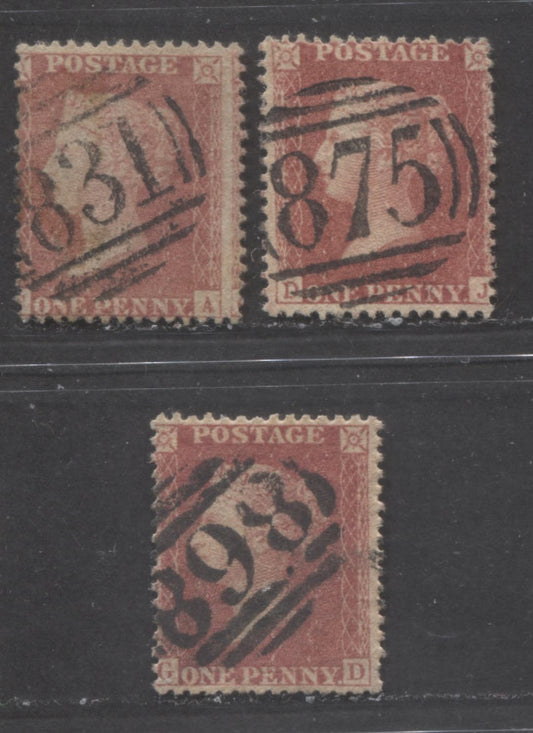 Lot  469 Great Britain - Barred Numeral Cancels For England & Wales: 800-899 SC#20 1d Deep Red & Dull Red 1854-1855 1d Red Stars, Large Crown, White Paper, Perf. 14 Issue, #831, #875 and #898, 3 Good & VG Used Singles, Estimated Value $40