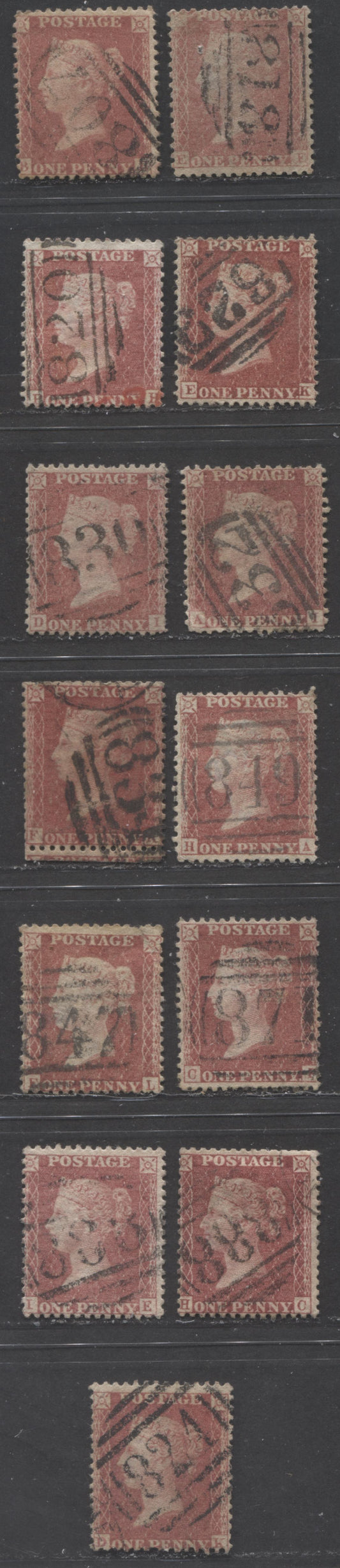 Lot  472 Great Britain - Barred Numeral Cancels For England & Wales: 800-899 SC#20 1d Rose Red & Deep Rose Red 1857-1863 1d Red Stars, Large Crown, White Paper, Perf. 14 Issue, #807/#888, 13 Good, VG and Fine Used Singles, Estimated Value $170