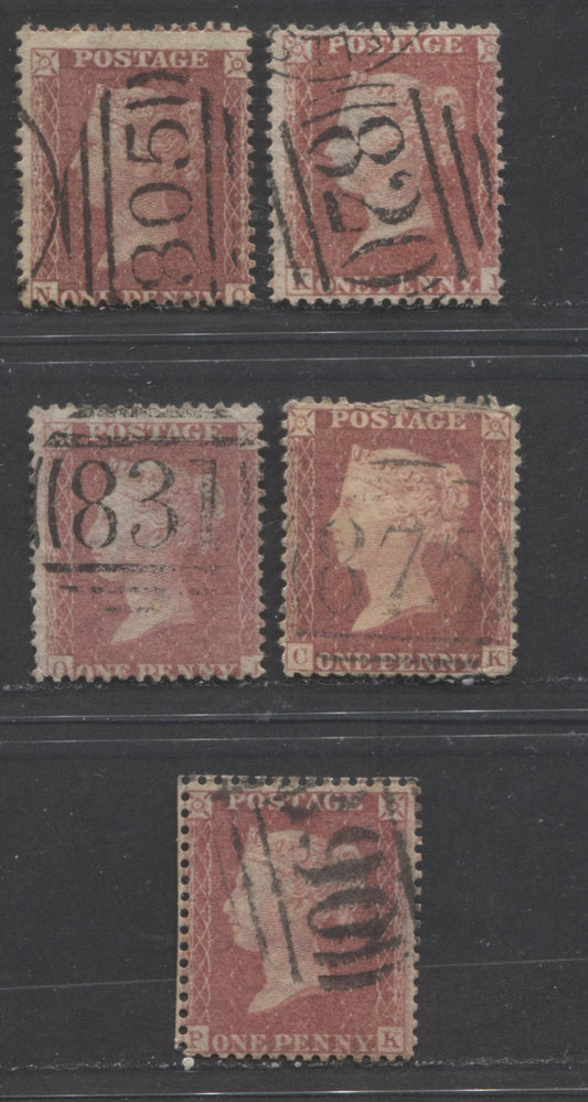 Lot  473 Great Britain - Barred Numeral Cancels For England & Wales: 800-899 SC#20 1d Rose Red 1857-1863 1d Red Stars, Large Crown, White Paper, Perf. 14 Issue, #805, #820, #831, #875 and #890, 5 VG Used Singles, Estimated Value $15