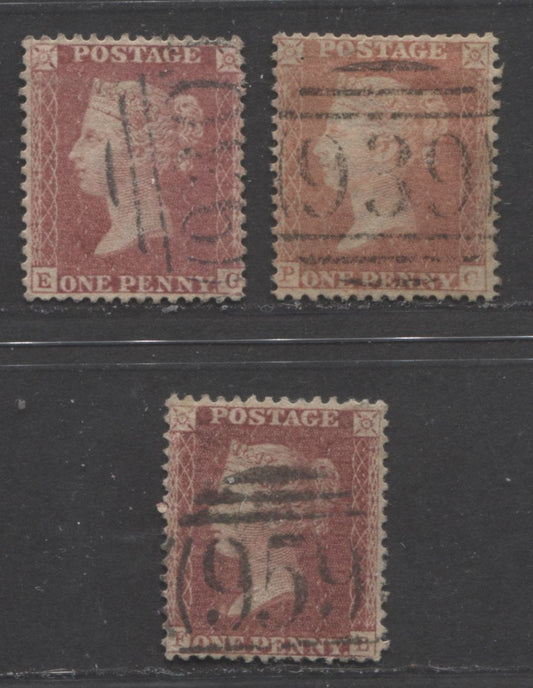 Lot  475 Great Britain - Barred Numeral Cancels For England & Wales: 900-999 SC#20 1d Rose Red & Pale Rose Red 1857-1863 1d Red Stars, Large Crown, White Paper, Perf. 14 Issue, #930, #939, #959, 3 VG & VF Used Singles, Estimated Value $26