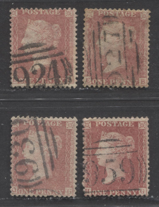 Lot  476 Great Britain - Barred Numeral Cancels For England & Wales: 900-999 SC#20 1d Rose Red & Pale Rose Red 1857-1863 1d Red Stars, Large Crown, White Paper, Perf. 14 Issue, #924, #927, #930 and #959, 4 VG Used Singles, Estimated Value $23