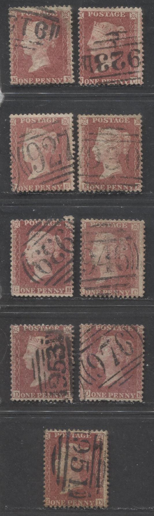 Lot  477 Great Britain - Barred Numeral Cancels For England & Wales: 900-999 SC#20 1d Rose Red & Deep Rose Red 1857-1863 1d Red Stars, Large Crown, White Paper, Perf. 14 Issue, #915/#976, 9 Good & VG Used Singles, Estimated Value $50