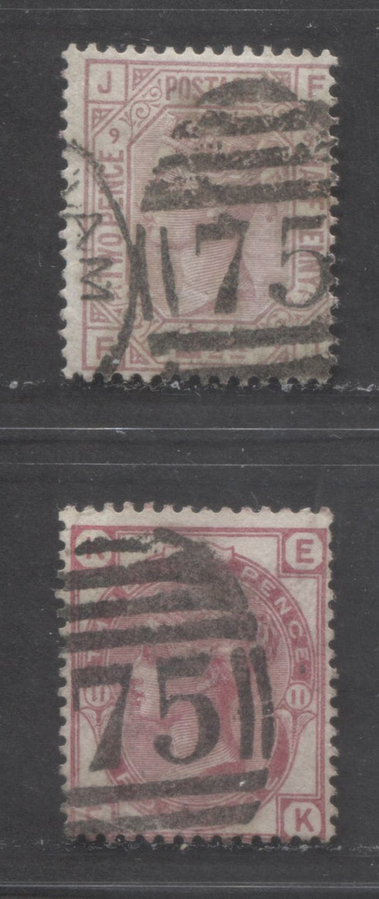 Lot  479 Great Britain - Barred Numeral Cancels For England & Wales: 1-99 SC#61/67 1873-1880 Large Coloured Corner Letters, Spray  & Orb Wmks Issues, #75 Plates 9 &11, 2 Good Used Singles, Estimated Value $10