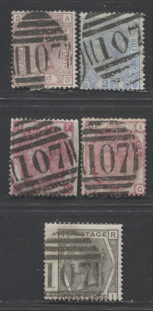 Lot  480 Great Britain - Barred Numeral Cancels For England & Wales: 100-199 SC#61/68 1873-1880 Large Coloured Corner Letters, Spray  & Orb Wmks Issues, #107, 5 Good & VG Used Singles, Estimated Value $30