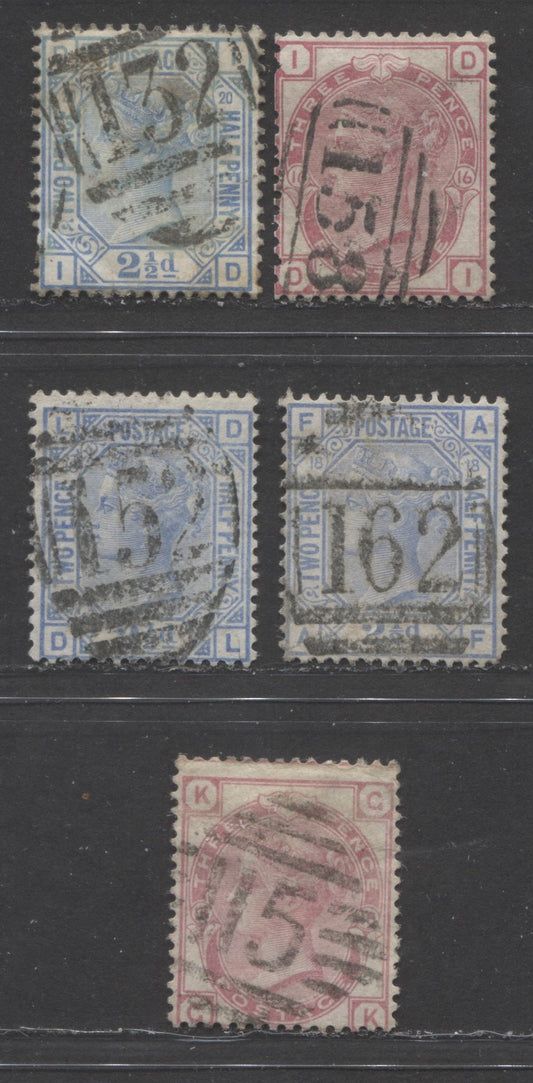 Lot  481 Great Britain - Barred Numeral Cancels For England & Wales: 100-199 SC#61-68 1873-1880 Large Coloured Corner Letters, Spray  & Orb Wmks Issues, #115, #132, #152, #158, #162, 5 Good & VG Used Singles, Estimated Value $25