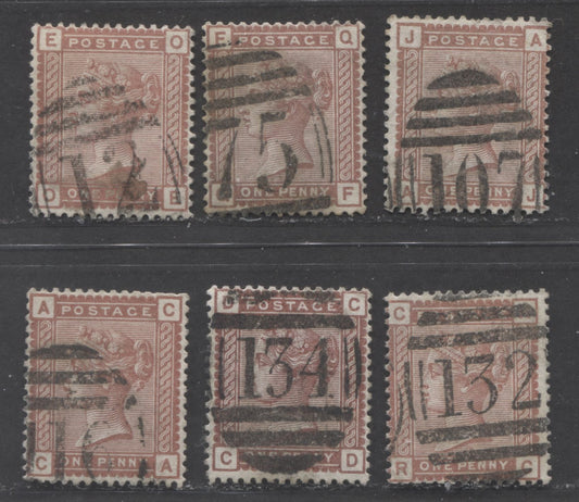 Lot  482 Great Britain - Barred Numeral Cancels For England & Wales: 100-199 SC#79 1d Red Brown 1880-1881 No Corner Letters, Imperial Crown Wmk Issue, #12, #75, #107, #116, #132, #134, 6 VG Used Singles, Estimated Value $19