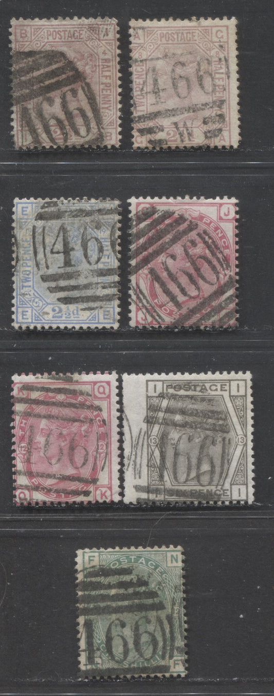 Lot  486 Great Britain - Barred Numeral Cancels For England & Wales: 300-499 SC#61/68 1873-1880 Large Coloured Corner Letters, Spray  & Orb Wmks Issues, #466, 7 Good & VG Used Singles, Estimated Value $47