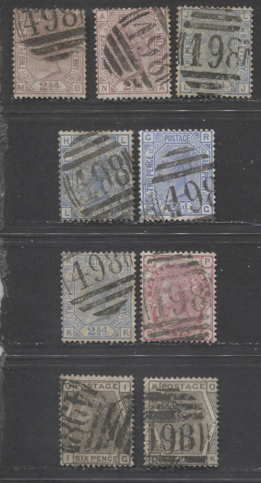 Lot  487 Great Britain - Barred Numeral Cancels For England & Wales: 300-499 SC#61/82  Large Coloured Corner Letters, Spray, Orb & Crown Wmks, #498, 9 Good & VG Used Singles, Estimated Value $50