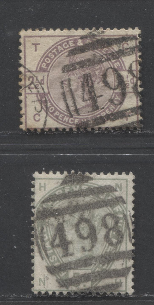 Lot  489 Great Britain - Barred Numeral Cancels For England & Wales: 300-499 SC#101/104 1883-1884 Lilac & Green Issue, #498, 2 Good & VG Used Singles, Estimated Value $13