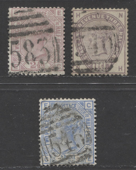 Lot  490 Great Britain - Barred Numeral Cancels For England & Wales: 500-599 SC#67-68 1876-1884 Large Coloured Corner Letters, Orb Wmk - Lilac & Green issue, #583, #540 and #545, 3 VG & Fine Used Singles, Estimated Value $51