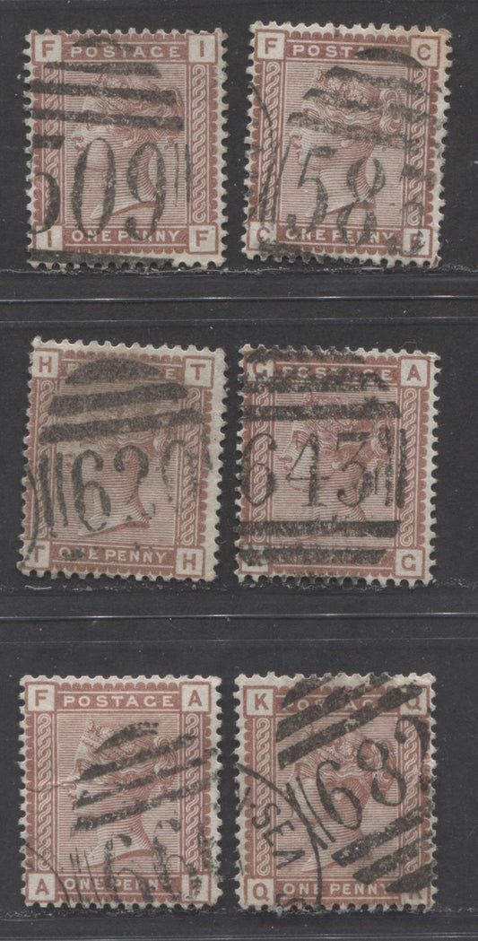 Lot  491 Great Britain - Barred Numeral Cancels For England & Wales: 500-699 SC#79 1d Red Brown 1880-1881 No Corner Letters, Imperial Crown Wmk Issue, #509, #583,#622, #643, #666 and #682, 6 VG Used Singles, Estimated Value $19