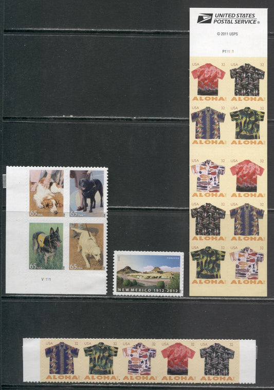 Lot 55 United States SC#4591/4607a 2012 New Mexico, Aloha Shirts & Dogs At Work Issues, 4 VFNH Single, Block Of 4, Strip Of 5 & Booklet Pane Of 10, Click on Listing to See ALL Pictures, 2017 Scott Cat. $19.45