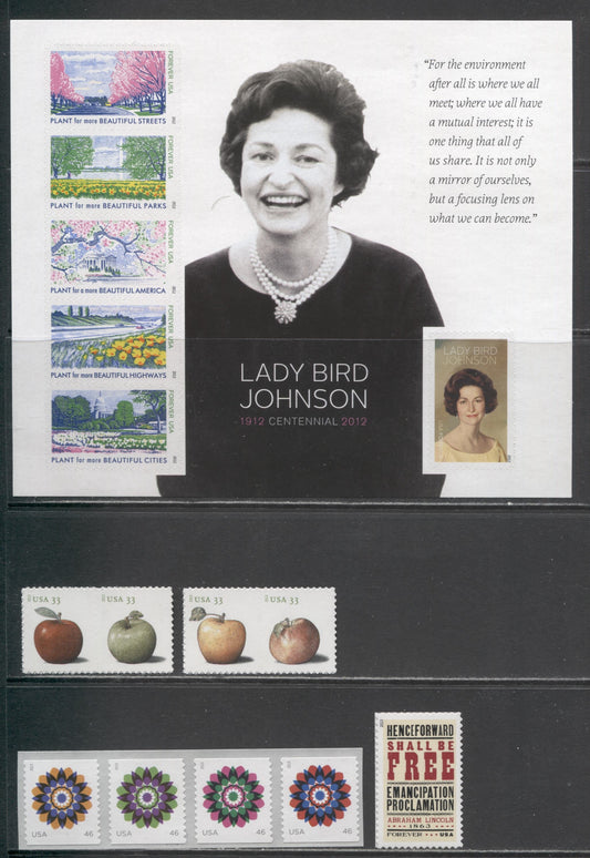Lot 68 United States SC#4716/4734 2012-2013 Ladybird Johnson, Emancipation & Apples Issues, 5 VFNH Singles, Pairs, Strip Of 4 & Sheet Of , Click on Listing to See ALL Pictures, 2017 Scott Cat. $17
