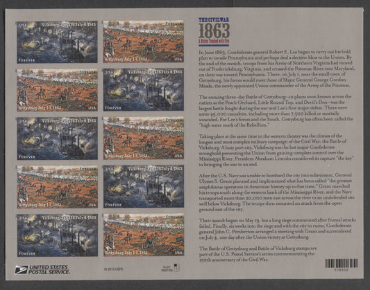 Lot 85 United States SC#4787-4788 2013 Civil War Issue, A VFNH Sheet Of 12, Click on Listing to See ALL Pictures, 2017 Scott Cat. $12