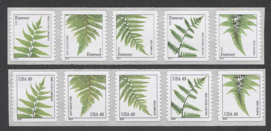 Lot 89 United States SC#4848a/4878a 2014 Ferns Issue, 2 VFNH Strips Of 5, Click on Listing to See ALL Pictures, 2017 Scott Cat. $12.5