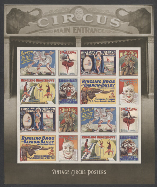 Lot 96 United States SC#4898-4905 2014 Circus Issue, A VFNH Sheet Of 16, Click on Listing to See ALL Pictures, 2017 Scott Cat. $16