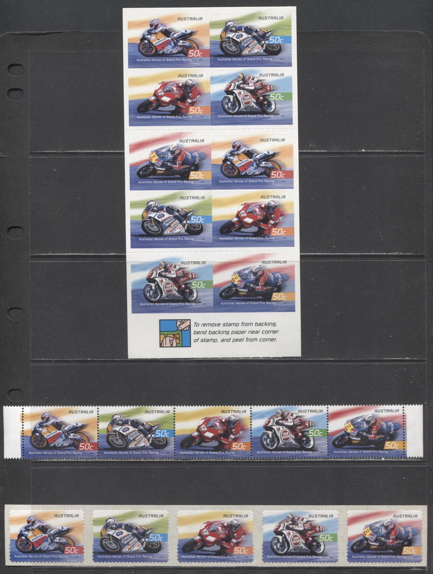 Lot 90 Australia SC#2310a/2315b 2004 Grand Prix Motorcycle Racing Issue, 3 VFNH Booklet Pane Of 10 & Strips Of 5, Click on Listing to See ALL Pictures, 2017 Scott Cat. $20.25