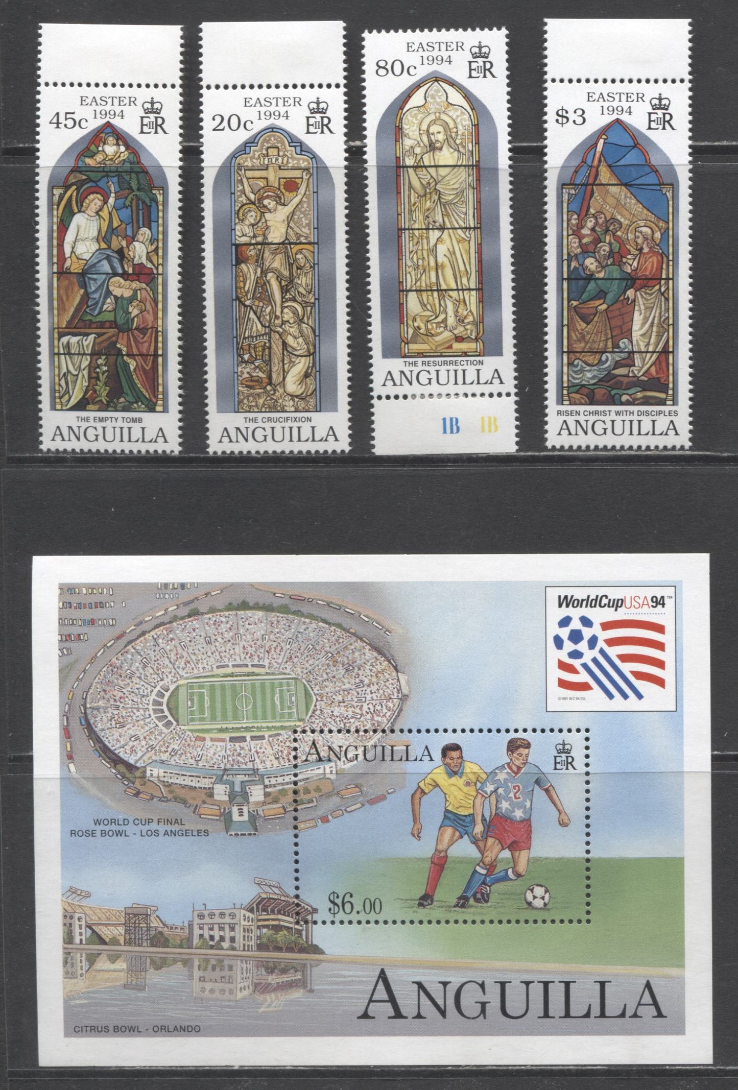 Lot 91 Anguilla SC#909/922 1994 Easter & World Cup Issues, 5 VFNH Singles & Souvenir Sheet, Click on Listing to See ALL Pictures, 2017 Scott Cat. $23.6