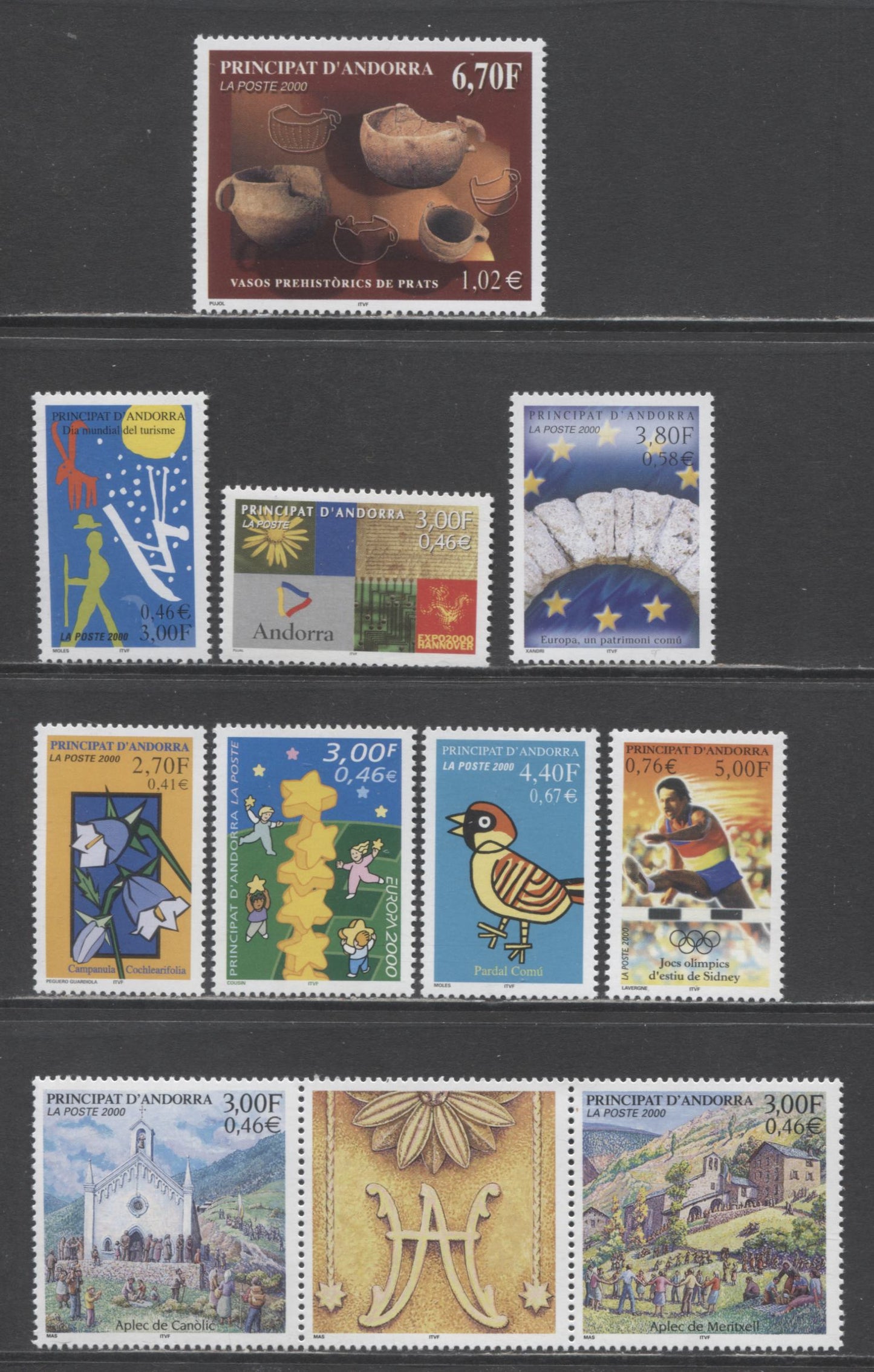 Lot 90 Andorra (French Admin) SC#521-529 2000 Campanula Cochlearifolia/Prehistoric Pottery Issues, 9 VFNH Singles & Strip Of 3, Click on Listing to See ALL Pictures, 2017 Scott Cat. $23.95