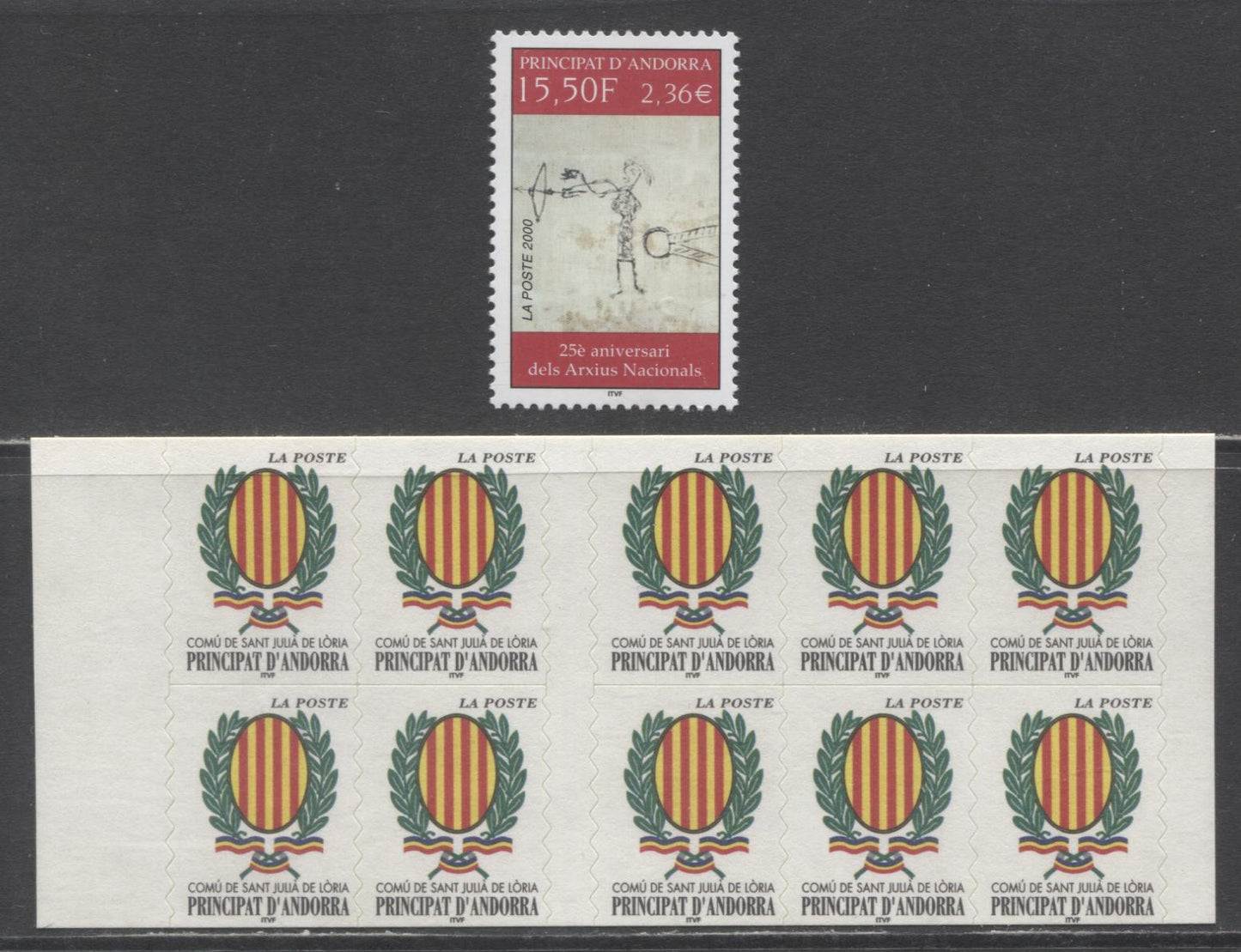 Andorra (French Admin) SC#530-531a 2000-2001 National Archives 25th Anniversary & 2001 Arms Issues, 2 VFNH Single & Booklet Of 10, Click on Listing to See ALL Pictures, 2017 Scott Cat. $21.5