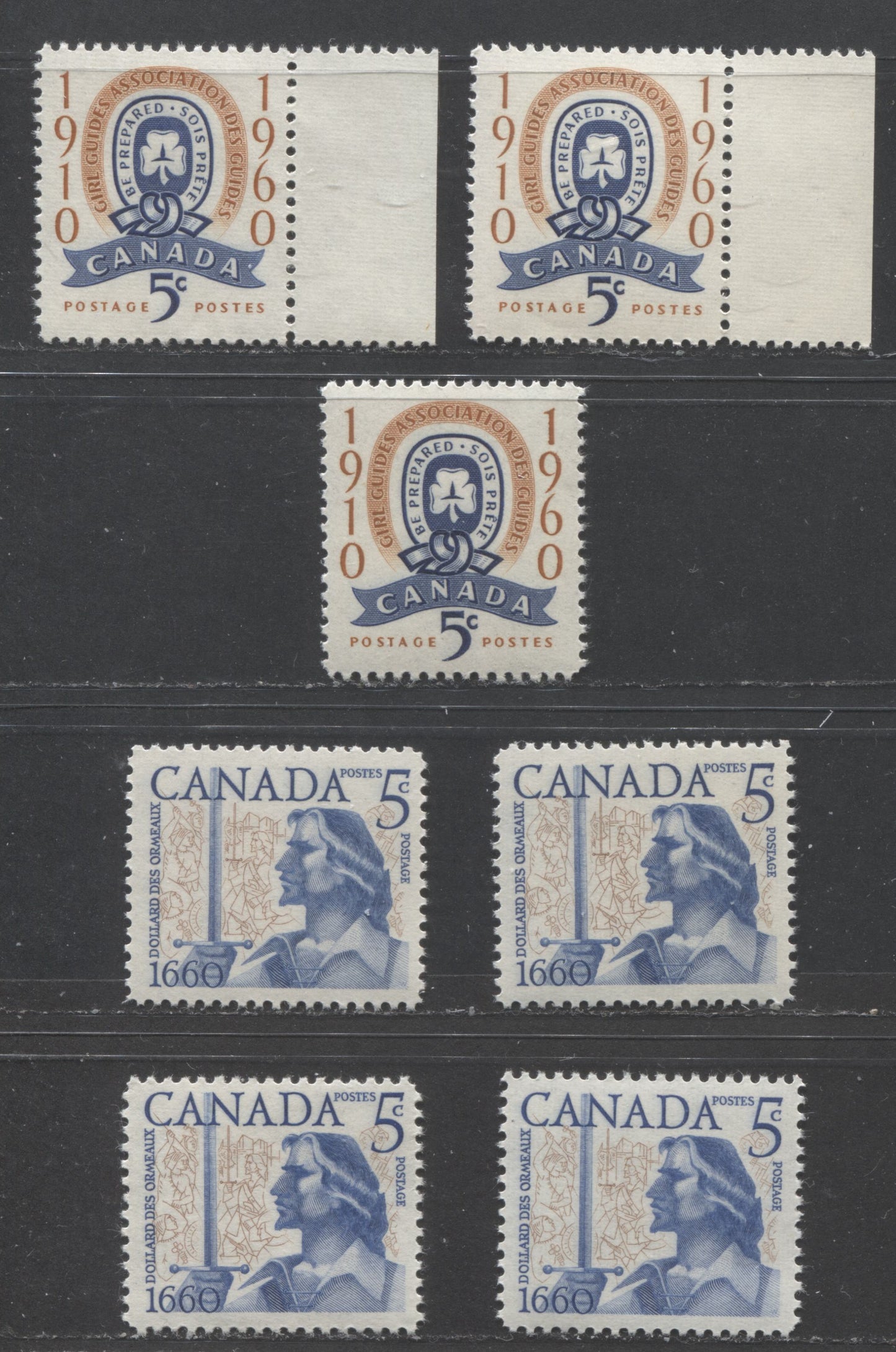 Canada #389/390var 5c Orange Brown & Dark Blue, Brown & Dark Blue Girl Guide Emblem, Dollard Des Ormeaux, 1960 50th Anniversary of Girl Guides & Battle of Long Sault Issues, 7 VFNH Singles On NF& DF Ribbed & Smooth Papers, Smooth and Streaky Gums