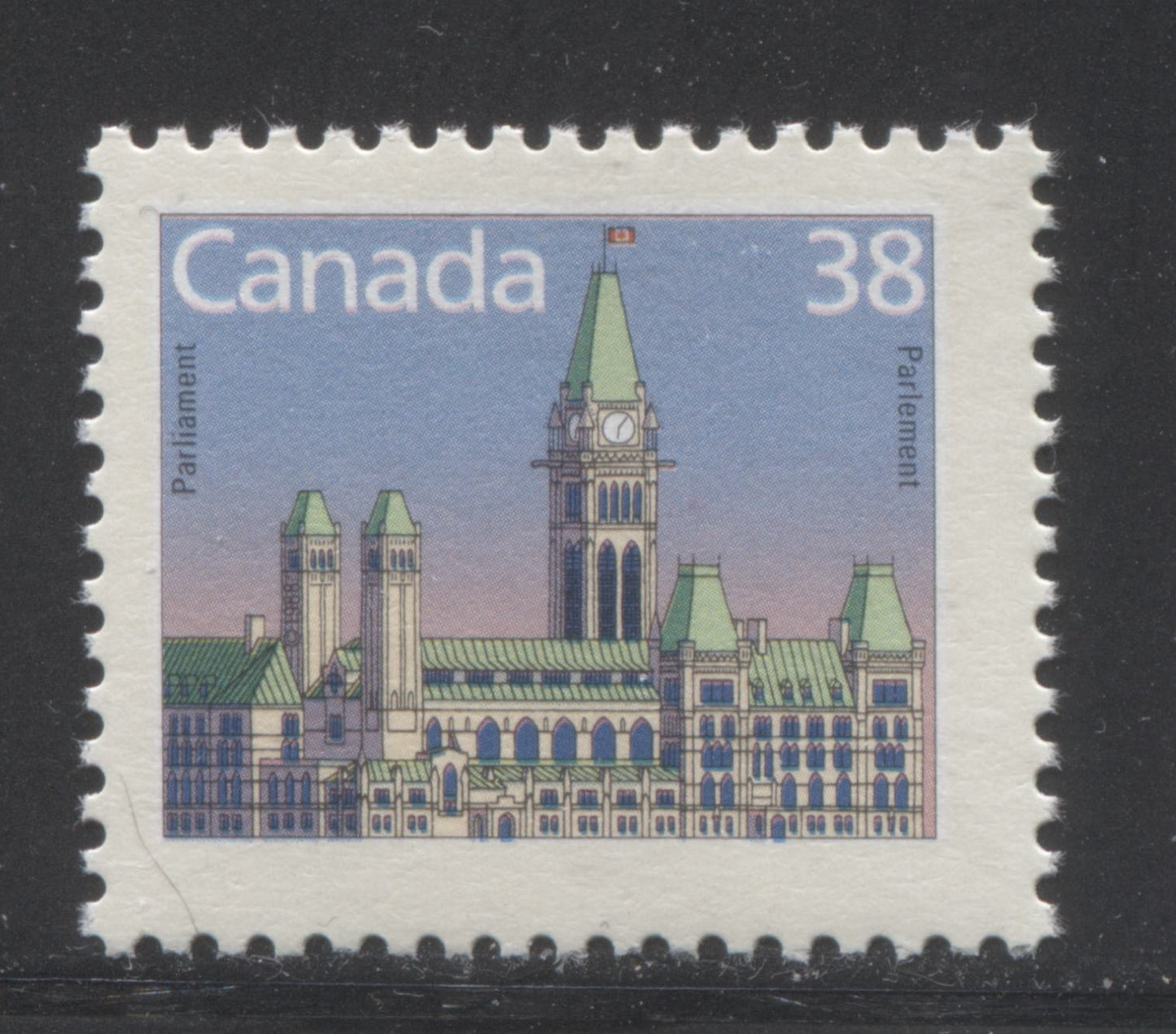 Canada #1165asvar 38c Multicoloured Parliament Buildings, 1987-1991 Mammal & Architecture Issue, A Fine NH Single Downward Shift of Black & Upward Shift of Red Colour