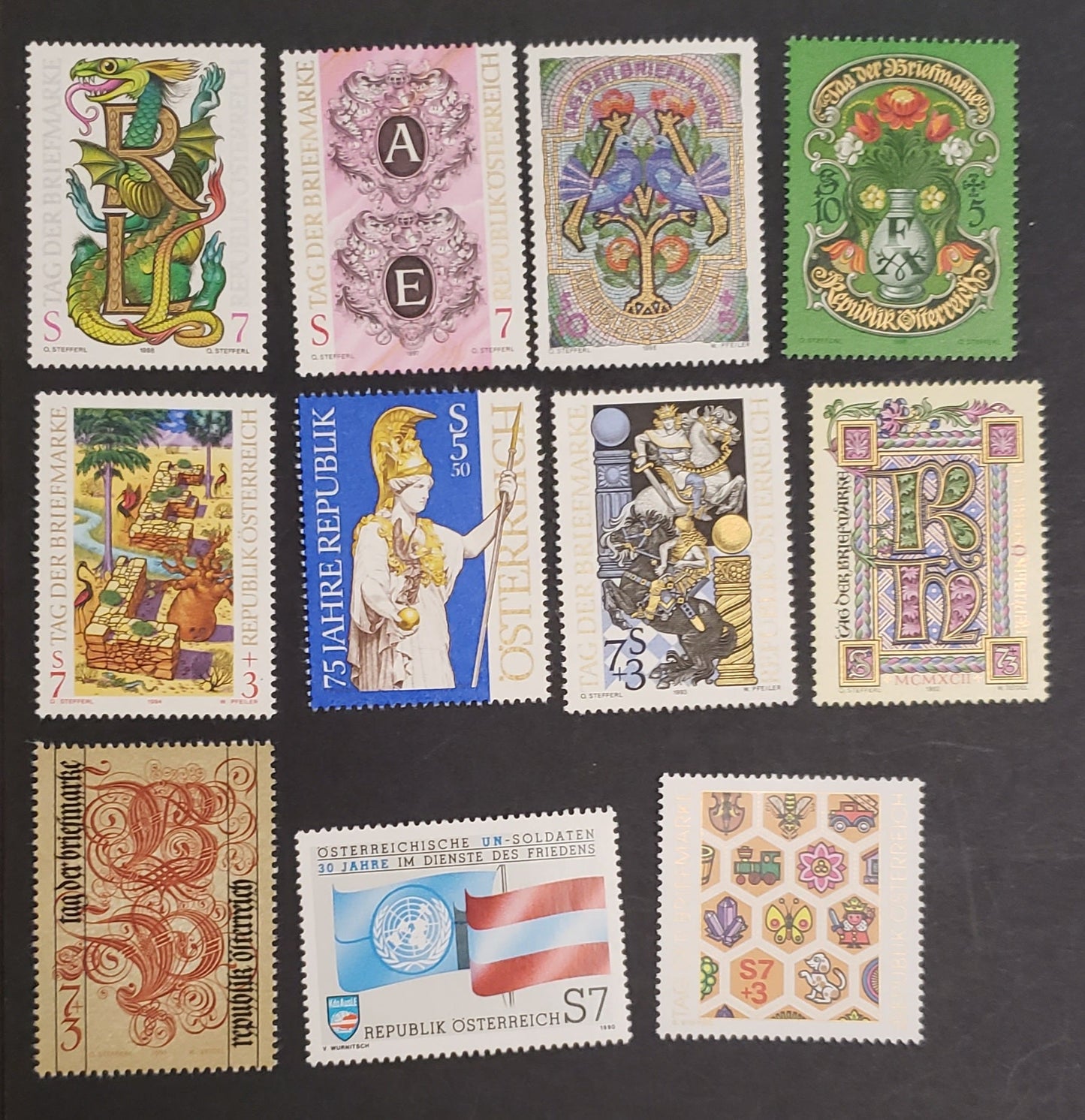 Austria SC#1517/B362 1990-1996 30th Anniv Of Austria Forces In UN - Stamp Day Semi Postals, 11 VFNH Singles, Click on Listing to See ALL Pictures, 2017 Scott Cat. $18.8