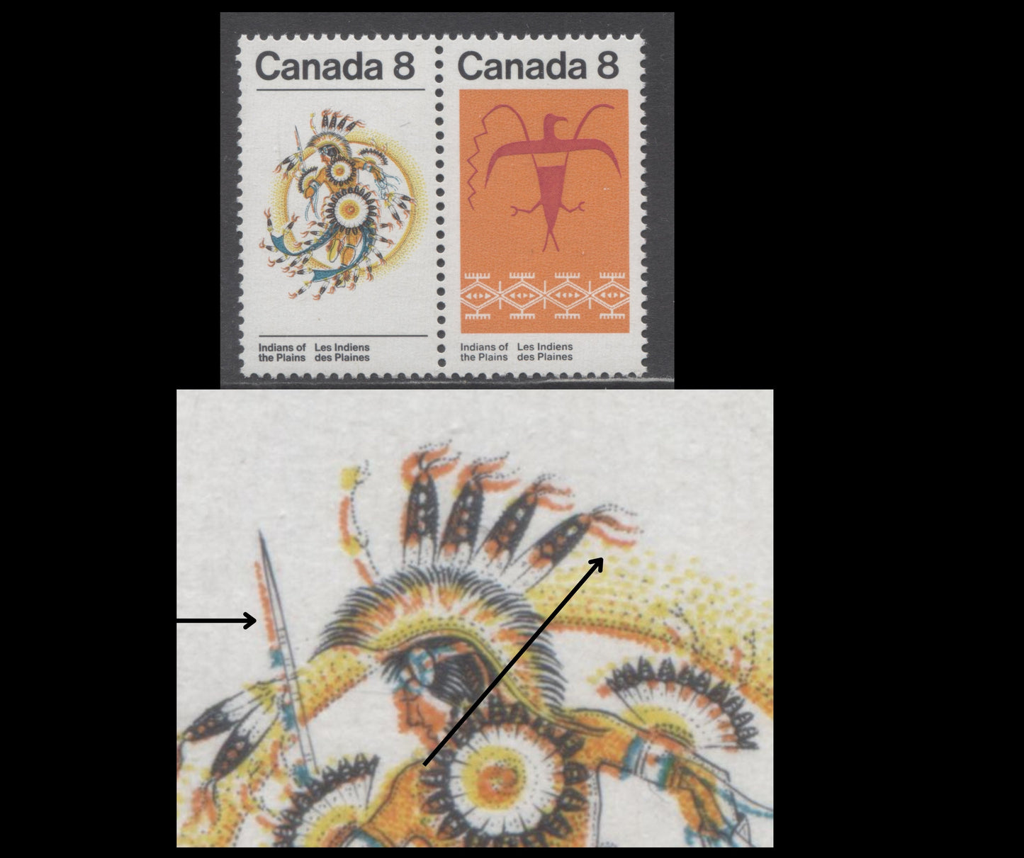 Canada #565avar 8c Multicoloured Sun Dance & Thunderbird, 1972 Plains Indians Issue, A VFNH Pair Rightward Shift of Black, DF2/NF Vertical Ribbed Paper