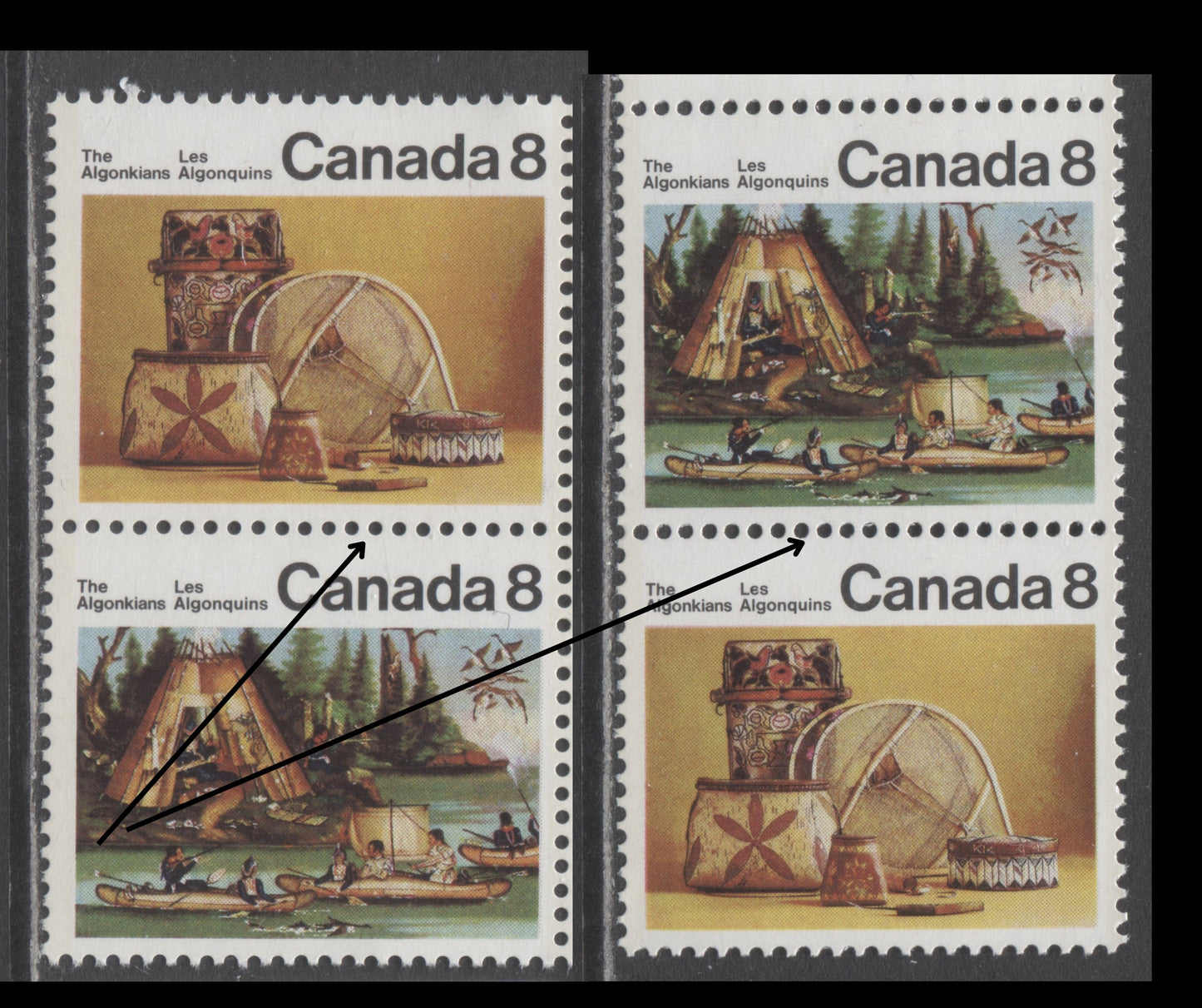 Canada #567aiivar 8c Multicoloured Micmac Indians & Artifacts, 1972 Algonkian Indians Issue, 2 VFNH Pairs Large & Small Perforation Holes, HF9/HB11 Paper