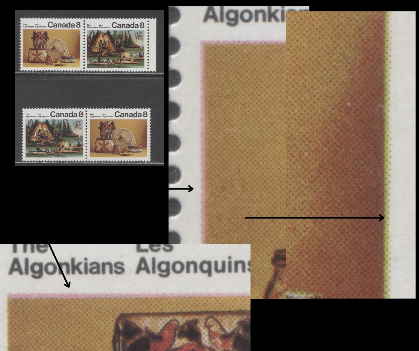 Canada #567aiivar 8c Multicoloured Micmac Indians & Artifacts, 1972 Algonkian Indians Issue, 2 VFNH Pairs Significant Downward Shift of Yellow, & Rightward Shift of Yellow, MF6/HB10 and HF8/HB11 Papers